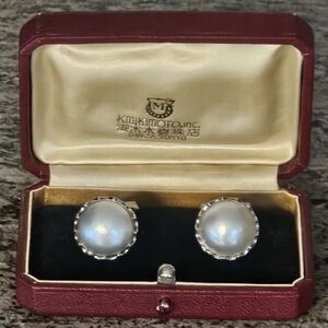 Estate Antique Mikimoto Silver 16.4mm White Pearl Cufflinks